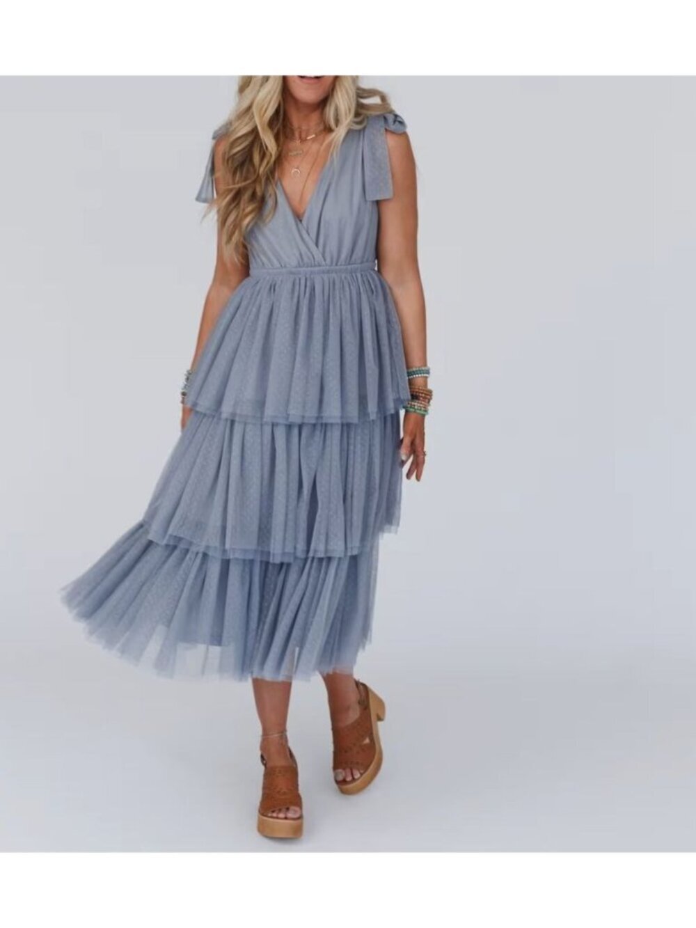 NWT In Loom Boho Ballerina Tiered Tulle Dress Size M Grey Maxi